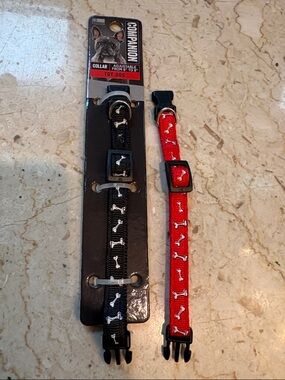NWT 2-Adjustable Toy Dog Collars - Red & Black Bone Pattern